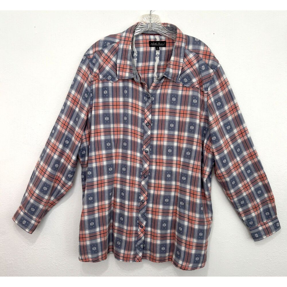 North River Outfitters Womens Western Button Up XXL Plaid Pearl Snap Long Sleeve